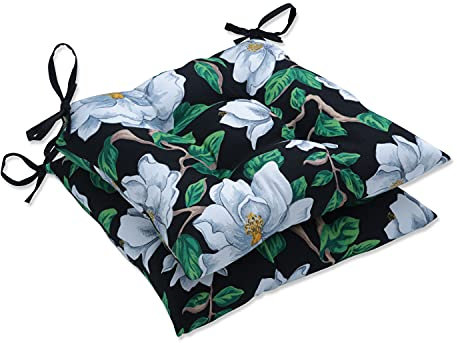 Pillow Perfect Sitzkissen mit Blumenmuster, mit Bändern, getuftet, Wetter- und lichtbeständig, 47 x 48,3 cm, Schwarz/Weiß, Magnolie, 2 Stück