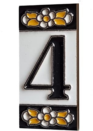 7.5cm x 3.5cm Spanish Orange & Black Floral Ceramic House Number Tiles Symbols & Metal Filigree Frames (Number 4)