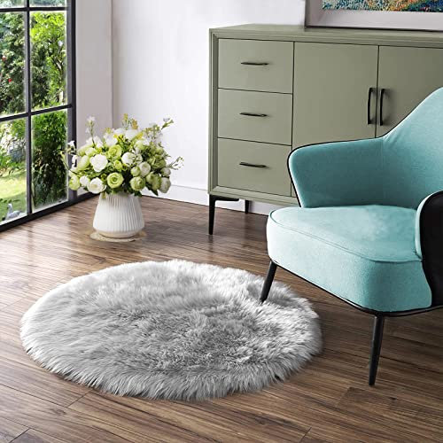 Latepis Teppich Rund 120 cm Teppich Grau Wohnzimmer Zeltteppich Waschbar Schlafzimmer Teppich Weich Teppich Schaffell Kunstfell Gegend
