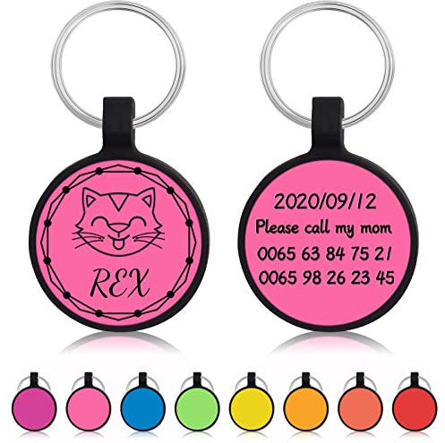 Uiopa 2pzs Chapa Perro Grabada, Silicona Ronda Chapas para Perros Personalizadas, Silenciosa Placa Identificativa Perro Etiquetas de Identificación para Collar Cachorro Gato (Rojo rosa)