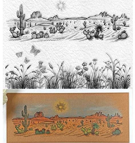 OTCRAFT Lot de 2 tampons rétro en caoutchouc transparent motif paysage avec fleurs et papillons et soleil brûlant - Pour fabrication de cartes, scrapbooking, travaux manuels