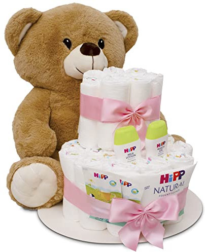 MilaBoo® Rosa Windeltorte Mädchen mit kuscheligen großen Teddybär I hochwertiges Neugeborenen Geschenk mit Windeln und Produkten I persönliches Babygeschenk zur Geburt