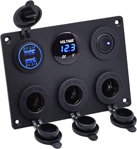 GIDREN Panneau étanche Multifonction 6 en 1, avec Prise de Courant 12 V, Chargeur Double Prise USB, voltmètre à LED Bleue, Interrupteur à Bascule Lumineux