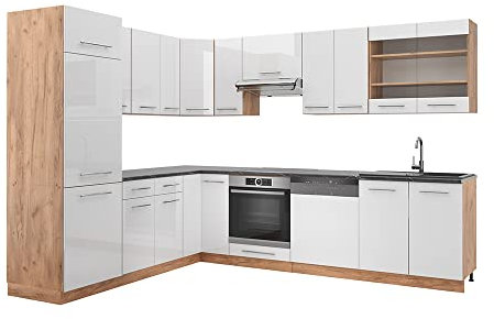 Vicco Eckküche Fame-Line, Weiß Hochglanz/Goldkraft Eiche, 227 x 287 cm ohne Arbeitsplatte