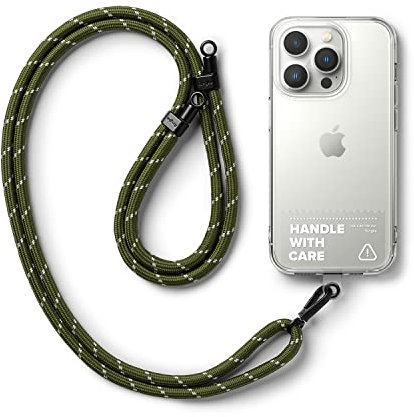 Ringke Holder Link Strap with Clear TPU Tag, Adjustable Crossbody Polyester Rope Lanyard Compatible with Universal Smartphone Case - Khaki & White