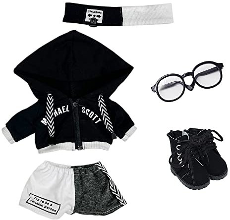 niannyyhouse 20 cm Plüsch-Puppenkleidung, locker, schwarz-weißer Anzug, Kopfbedeckung, Kapuzenpullover, Hose, Brille, Schuhe, Puppen-Dressup (schwarz, 20 cm)