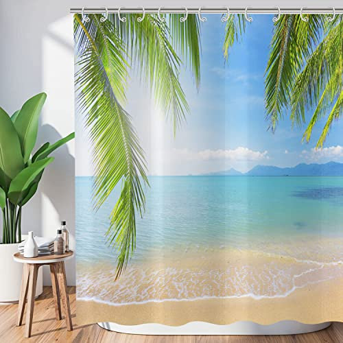 ASDCXZ Rideau de Douche Palmiers Plage 120x180 cm, Bord de mer d'été Plage de Sable Bleu Ciel Plantes Tropicales Lavables Textile Rideau Douche imperméable pour Baignoire avec 8 Crochets