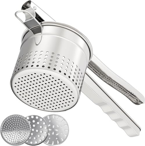 GloTika Large 15oz Potato Ricer with 3 Interchangeable Discs, Heavy Duty Stainless Steel Potato Masher with Ergonomic Handle, Masher and Ricer Kitchen Tool for Mashed Potatoes, Noodle Maker