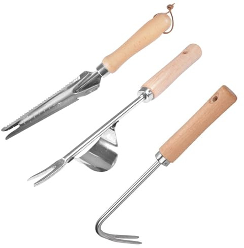 Qooloo 3 Piezas Extractor Malas Hierbas Acero Inoxidable, Weeder de Mano de Jardín, Escardador Herramientas con Mango de Madera Natural, Arrancador de Hierbas Manual para Cavar, Deshierbar, Aflojar
