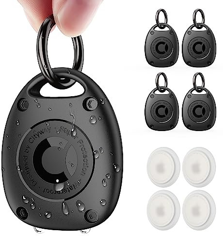 AirTag Lot de 4 étuis Porte-clés étanches IPX8 Ultra compacts pour Collier de Chien, Sac à Dos, clés, Bagages – Noir