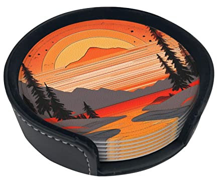 Tree Hills And Rivers Round Coaster With Storage Box,&6-Piece Coaster Set, Suitable For All Kinds Of Cups, Decorative Living Room
