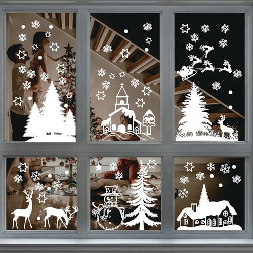9 Blatt Fenstersticker Weihnachten, Doppelseitiger Aufkleber Weißer Weihnachtsbaum DIY Aufkleber für Fenster Glas Weihnachten Zuhause Party Dekoration