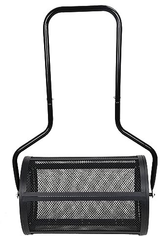 Compost Spreader 24 Inch Seeding Manure Fertilizer Garden Spreader Roller With U-Shaped Handle & Side Clasps Durable Metal Mesh Basket Spreader For Lawn And Garden Care – Black