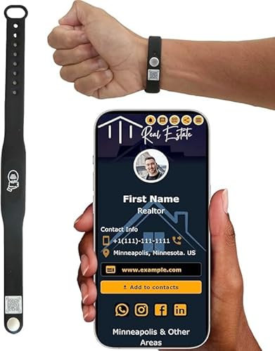 Tap Armband – NFC-Tags digitale Visitenkarte – Tippen Sie auf NFC & Scannen Sie QR-Code-Armband – keine Gebühr, kein Abonnement – funktioniert auf iPhone, Android (Weiß) (Schwarz, 1 Stück)