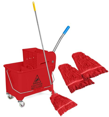 Curvaso 20L Red Kentucky Mop Bucket & Wringer System with Wheels | Includes 2 Mopping Heads & Handle Holder | Commercial & Home Floor Cleaning