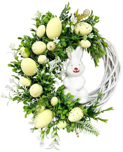 Türkranz mit Federhuhn und Ostereiern Wandkranz Osterhasen-Kranz, Ostereier-Kranz, Dekoration für die Haustür, Kranz Frühlings Kranz Türkranz mit Blumen Dekoration (White, One Size)