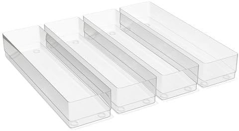 Gatton Design Desk Drawer Organiser Clear Plastic Trays | Set of 4 | Storage Organizer & Dividers | Organise Makeup, Toiletries & Stationary | Anti-Slip Feet & Stackable | (12x3x2in/30.5x7.6x5.1cm)