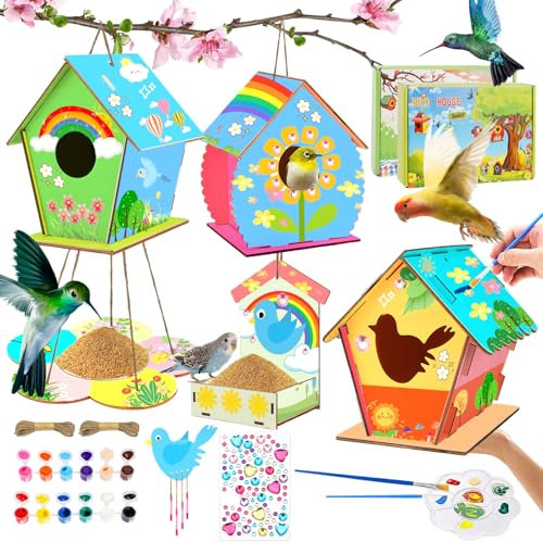 5 Stück DIY Vogelhaus Bausatz für Kinder, Vogelhäuschen Bausatz, Super Große Basteln Holz Vogelhaus zu Bauen und Malen, Holz Vogelhaus Puzzle Machen Set, Basteln Geschenk für Jungen und Mädchen