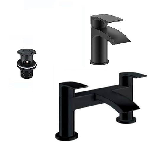 Noir mat | Ensemble complet de robinet de salle de bain | Mélangeur de lavabo | Bonde de lavabo incluse
