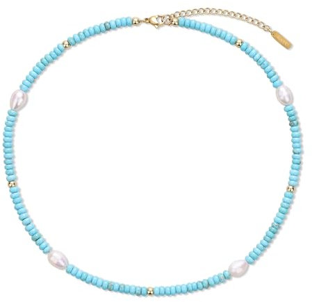 GAVU Naturstein Perlenkette mit Türkis und natürlichen weißen Süßwasserperlen Boho Kette für Damen