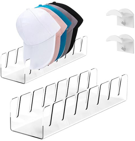 Swavitie 2 Stück Cap Halter Hutständer Acryl Baseballkappen Aufbewahrung Kappenhalter Basecap Keine Installation mit 2 Selbstklebende Huthalter Cap Organizer für Schlafzimmer Schrank - Transparent