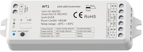 FWFDTQBSP Dimmerschalter CCT LED-Lichtleiste Dimmerschalter 12V DC 2,4G WW CW Controller 2 Kanäle WT1