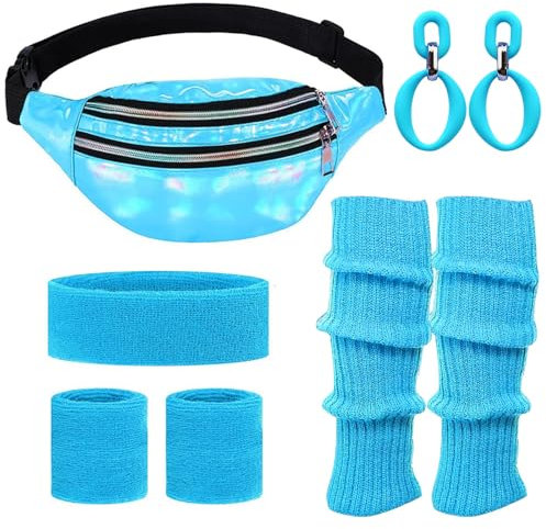 NebulaGlam 80er Jahre Outfit Set mit Bauchtasche, Damen, Stirnband, Beinwärmer, Ohrringe, Handschuhe für Kostüm Party Fasching Karneval (Blau)