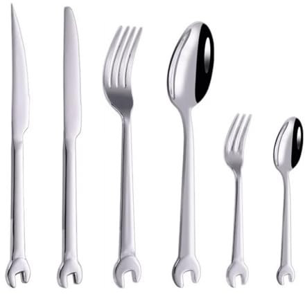 Juego de Cubiertos Juego de cubiertos de 6 uds., cuchillo, tenedor, cuchara, juego de cubiertos creativo con forma de llave inglesa, tenedores de cena de acero inoxidable, vajilla elegante conciso