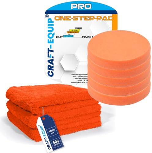 8er Sparpack Craft-Equip PRO RO Polierschwamm Polierpad mit Klettverschluss Made IN EU (8er Sparpack 150mm RO Polierschwamm ONE-Step ORANGE + Microfasertücher)