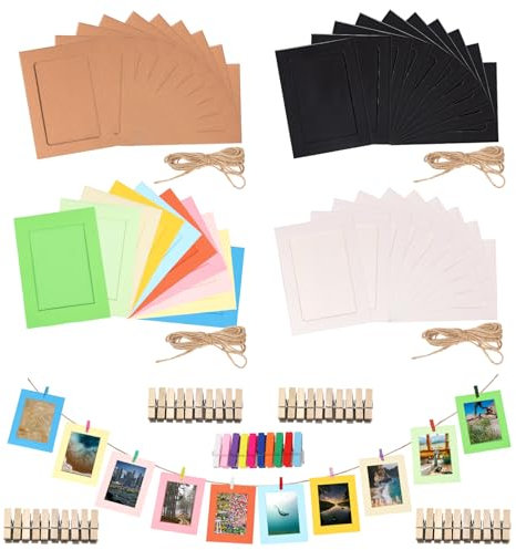 Rustark 84 cornici di carta da 13,5 x 10 cm, cavalletto per foto, con clip in legno e spago di iuta, per decorazioni da parete