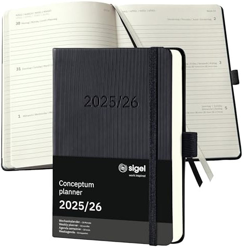 SIGEL C2602 Wochenplaner Wochenkalender 2025/2026, ca. A6, schwarz, Hardcover, Gummiband, Stiftschlaufe, Archivtasche, aus nachhaltigem Papier, 18-Monatskalender, Kalenderbuch Conceptum