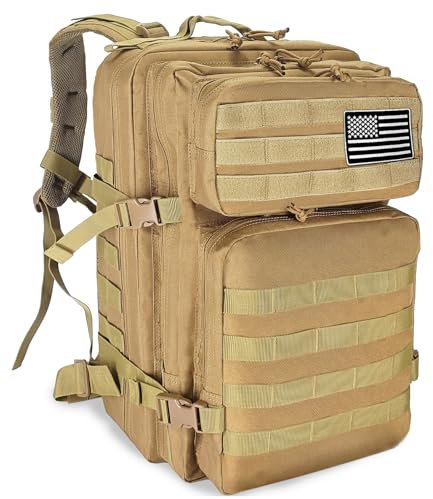 Militär Rucksack Herren,45L Groß Rucksack Wasserdicht Outdoor Assault Survival Wanderrucksack Herren, Taktischer Backpack Geeignet für Jagd,Wandern,Camping und Andere Outdoor-Aktivitäten (Khaki)