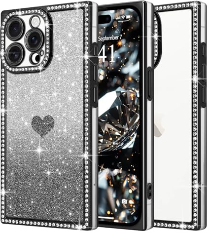 ROSEHUI Case for iPhone 15 Pro Max, Sparkle Cute Love Heart Pattern, Black | Rectangle Bling Rhinestones,Removable Glitter Paper,TPU Shockproof Bumper,Luxury Plating Design,Slim Phone Cover for Women