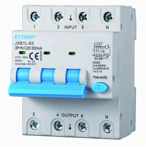 Interruttore magnetotermico differenziale salvavita, 3P+N, occupa 4 moduli DIN, 380V 415V, 25A C25, 300mA, 6KA 6000A, RCBO, classe A