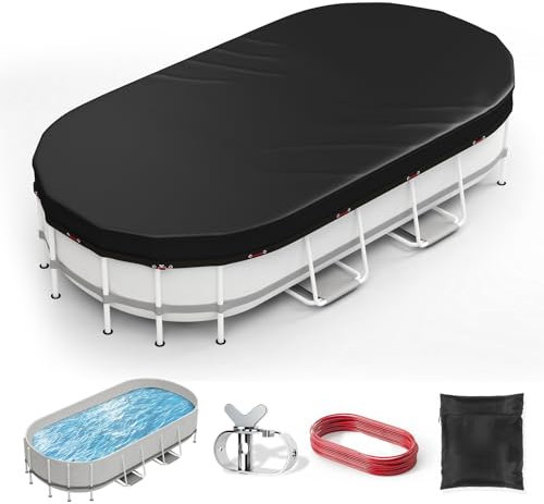 Ovale Poolabdeckung, 3,6 x 6,2 m, verbesserte 420D strapazierfähige Oxford-Gewebe-Poolabdeckungen für oberirdische Pools mit Seilwinde und Kabel, ganzjährig aufblasbare Poolabdeckung für UV-beständig