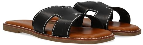 92845 Sandalias Planas para Mujer, comodas y Elegantes Diseno Moderno con Detalles en la Pala Ideales para Primavera Verano. Negro Talla 38