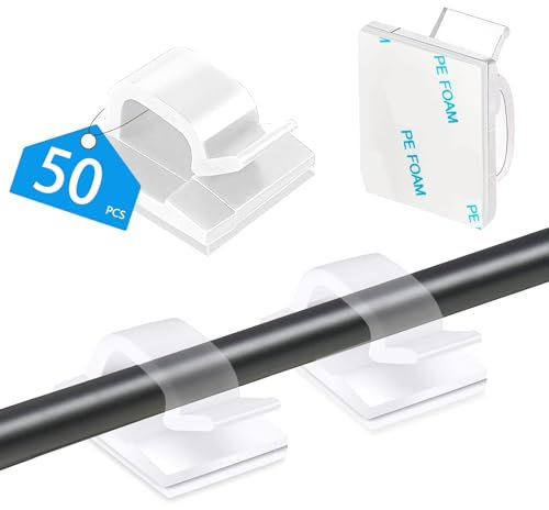 YUNYU 50 clips de cable autoadhesivos transparentes fuertes con respaldo 3M para cables, cargadores y auriculares, organizador de clips adhesivos para ahorrar espacio para paredes, escritorios, hogar