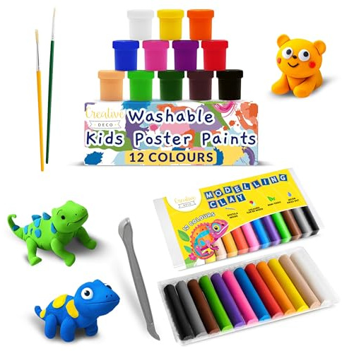 Creative Deco Knete Set und Fingerfarben Kinder Ungiftig | 12 Farben Plastilin + 12 Plakatfarbe je 20 ml + 2 Pinsel, 1 Spachtel | Glutenfrei, zum Modellieren | Lernspielzeug Kreativ