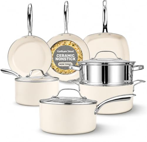 Gotham Steel 12 Piece Ceramic Non Stick Saucepans and Pans Set with Steamer for Kitchen, Non-Toxic, PFOA Free, Premium Handles, Oven and Dishwasher Safe