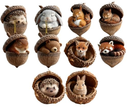 10 Stück Waldtiere Eichels Ornaments, Weihnachtsbaumschmuck Waldtier Eichels Ornamente 2D Acryl Tier Anhänger Für Feiertag Auto Rückspiegel Fenster Wand Tür Winter Zuhause