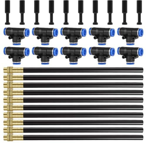 RUCUDIM Bewässerungssprühdüse, 8mm Sprühnebel Terrasse, Nebelsystem | mit 10 Stück Bewässerungsdüsen,10 Stück T-Typ-Anschluss, 10 Stücks Bewässerungsstecker, Nebeldüsenringverstellung für Gärten