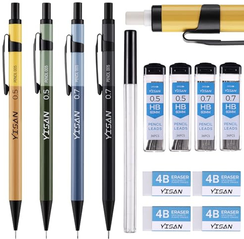 YISAN 4 Stück Metall Druckbleistifte Set,Mechanische Bleistift HB 0,5&0,7mm | Büro Zubehör für Schreiben,Zeichnen,Skizzieren,70733
