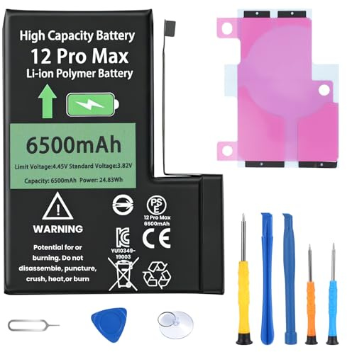 Replacement iphone 12 pro max Battery for All-Day Heavy Usage, 6500mAh High Capacity 0 Cycle Lithium Polymer with Repair Tool Kits for DIY Users (A2342/A2410/A2412)