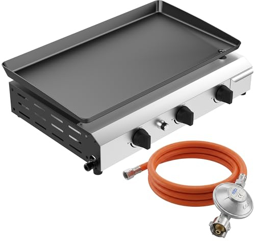 Veralune Gas Plancha, 3-Brenner Gasgrill 6,3 kW, 64*39cm großer Kochbereich | Grillplatte, Kompakt Tischgasgrill mit 50 mbar Druckregler, Keramikbeschichtung, für Butan/Propan, Garten, Picknick & Strand