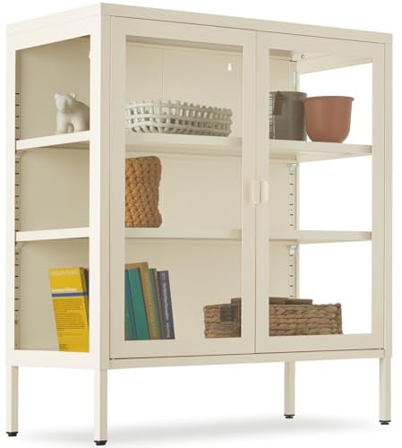 tectake® Metallvitrine mit 2 Türen, 80 x 37 x 90,5 cm, 3 Seiten verglast | Magnetverschluss, verstellbare Zwischenböden, höhenverstellbare Füße, pulverbeschichteter Stahl, inkl. Kippschutz, creme