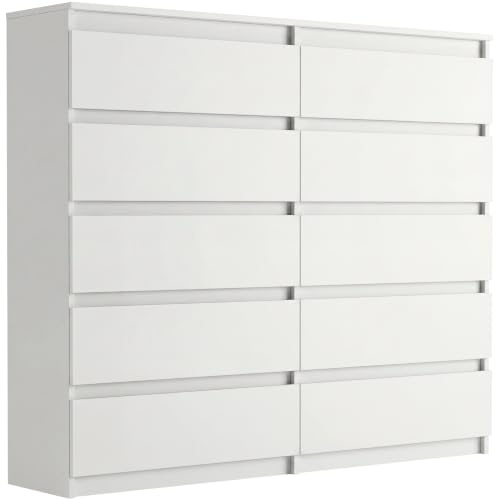 Framire Hohes Highboard Weiß 140x40x120 cm – breite Kommode mit 10 Schubladen, XXL Sideboard für Wohnzimmer, Schlafzimmer & Flur, Modern R-140-S10