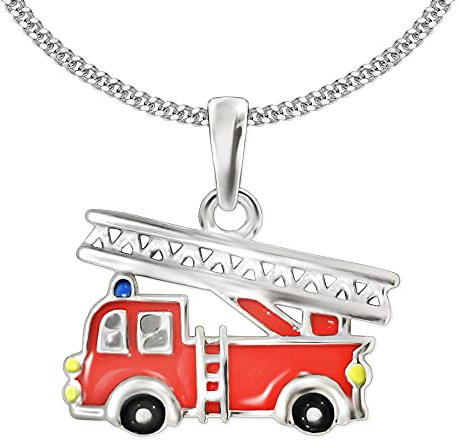 CLEVER SCHMUCK Feuerwehrauto Halskette kleiner Anhänger 12 x 9 mm rot schwarz gelb lackiert mit Kette Panzer 38 cm Sterling Silber 925 für Kleinkind in Geschenkverpackung