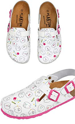CALZAME Zähne. Pflegeleichte Damen Clog mit Zahndruck., weiß, 39 EU