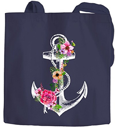 Autiga Jutebeutel Blumen Anker Flower Anchor Schultertasche Tragetasche Shopping-Bag Einkaufstasche navy 2 lange Henkel