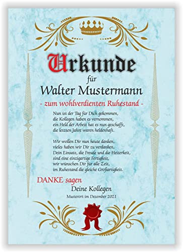 Ruhestand Urkunde personalisiertes Geschenk zur Rente dem Abschied aus dem Berufsleben Geschenkidee der Kollegen oder der Firma zur Verabschiedung des Mitarbeiters Marmor Papier DIN A4 Blau